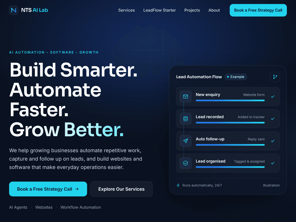 Screenshot of the NTS AI Lab homepage hero, with the headline and the lead automation dashboard